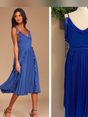 Lulus Never A Dull Moment Chiffon Dress Pleated Flowy Romantic Midi NEW WITH TAG